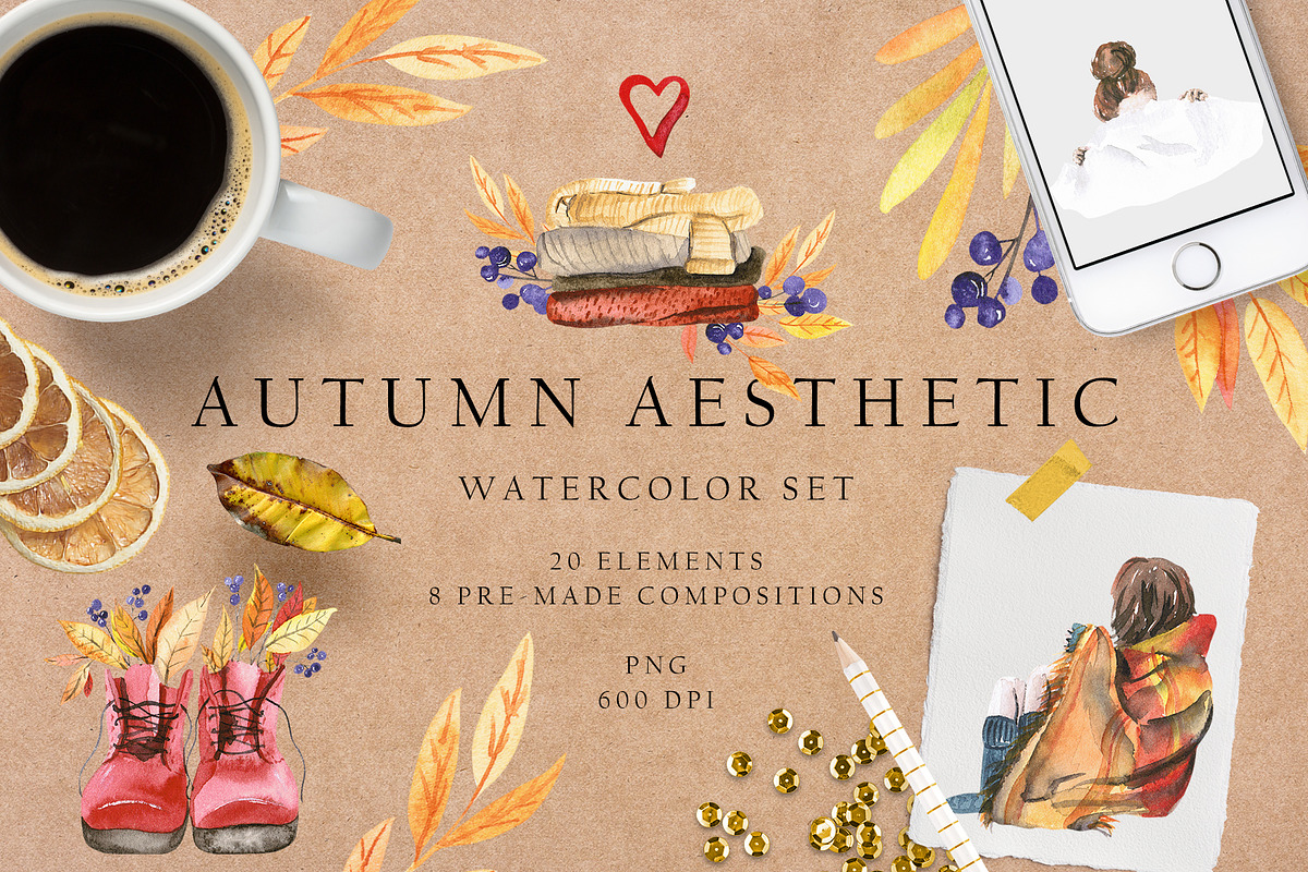 Autumn aesthetic - watercolor set, a Seasonal Illustration by LeriaArt watercolor (Photo 1 of 8)