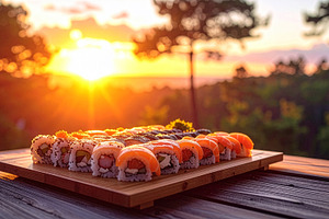 An artful sushi board showcasing fresh fish and fine details., a Food & Drink Photo by DutchDigitalDesign