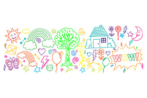 Crayon Doodle Kids Icon Set, a Decorative Illustration by MkStudio