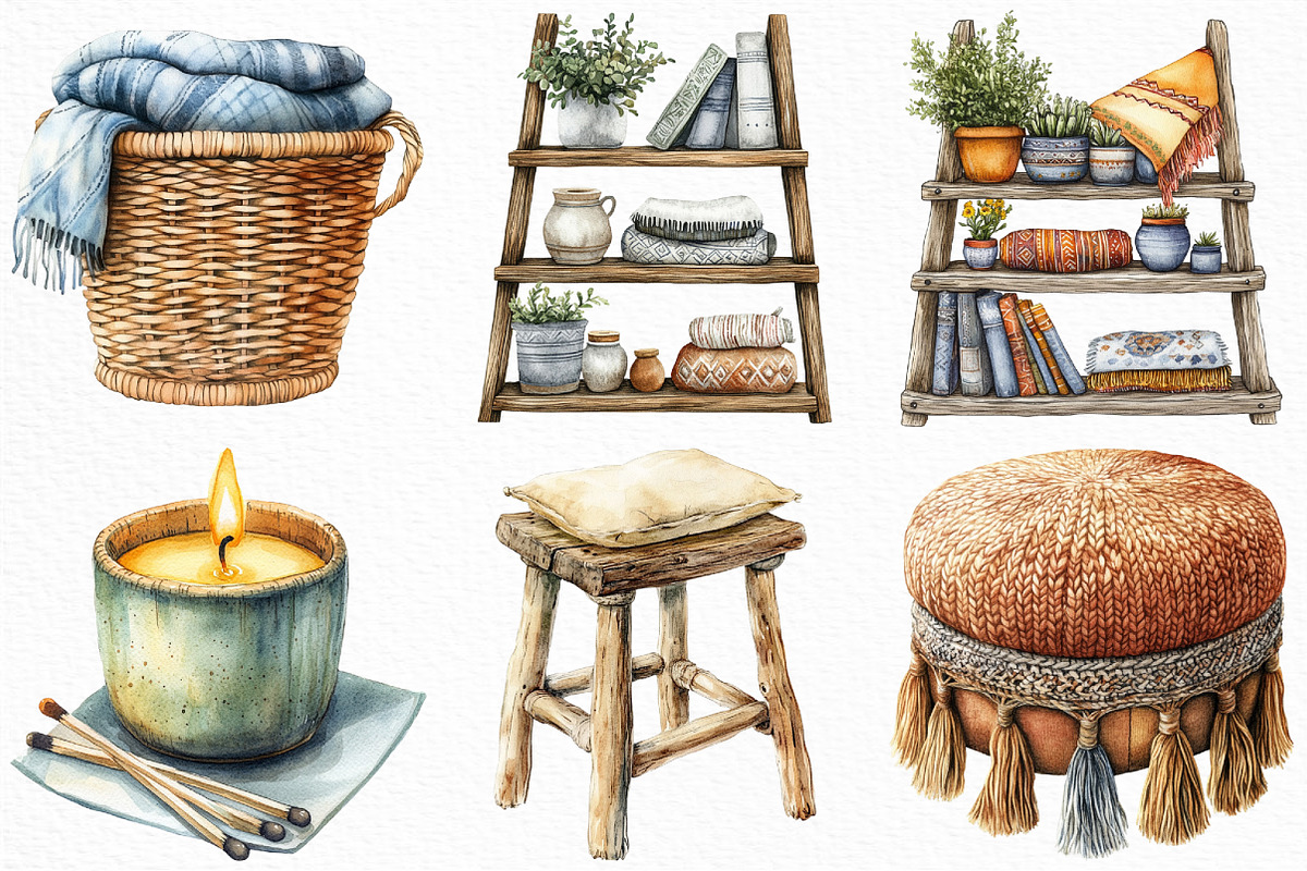 Watercolor Boho Interior Clipart, an Illustration by Craft Nest (Photo 2 of 6)