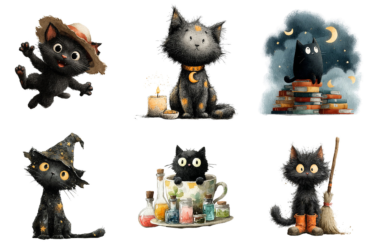 Halloween Black cats Clipart, an Illustration by Watercolor design (Photo 4 of 4)