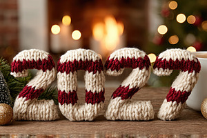 Cozy 2027 New Year Holiday Scene With Knitted Numbers and Firepl, a Holiday Photo by José Manuel Gelpi