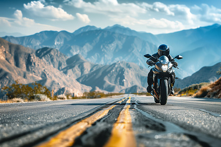 Motorcyclist riding on a mountain, a Transportation Photo by MistyDay
