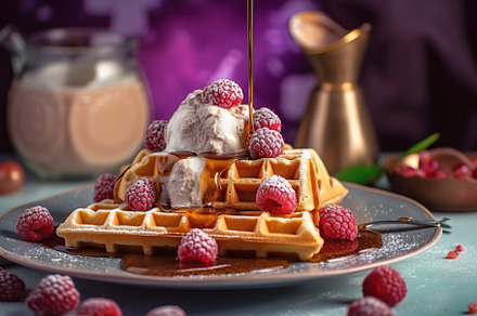 Illustrative of waffles, berries and ice cream on wooden table. Generative AI, a Food & Drink Photo by AlyaAnd