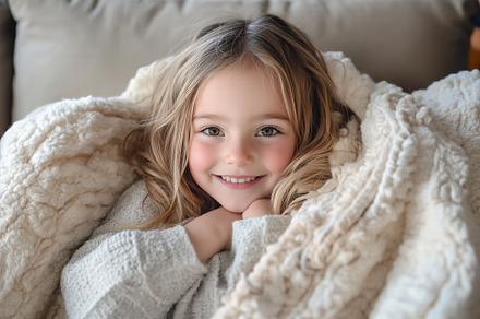 A young girl with long, wavy hair smiles warmly while wrapped in a cozy, fluffy, a Photo by Textures & Backgrounds