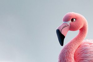 Stylized pink cartoon flamingo with curved black beak and sleek, an Animal Photo by José Manuel Gelpi