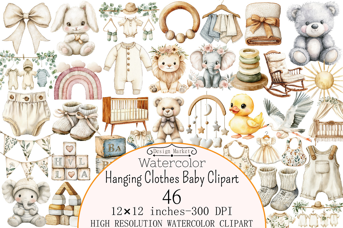 Watercolor Hanging Clothes Baby Clip, a Seasonal Illustration by Design Market (Photo 1 of 5)