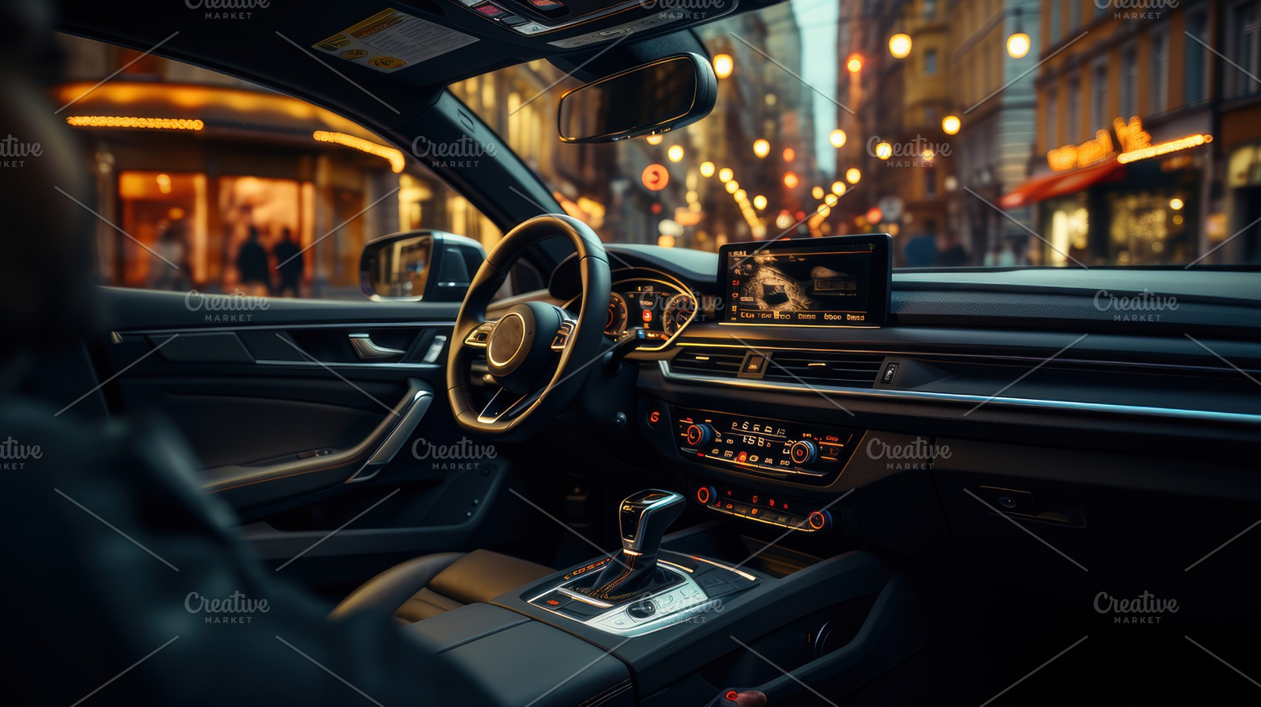 Interior of a Modern Car Driving Through a City at Night, a Photo by AS photostudio