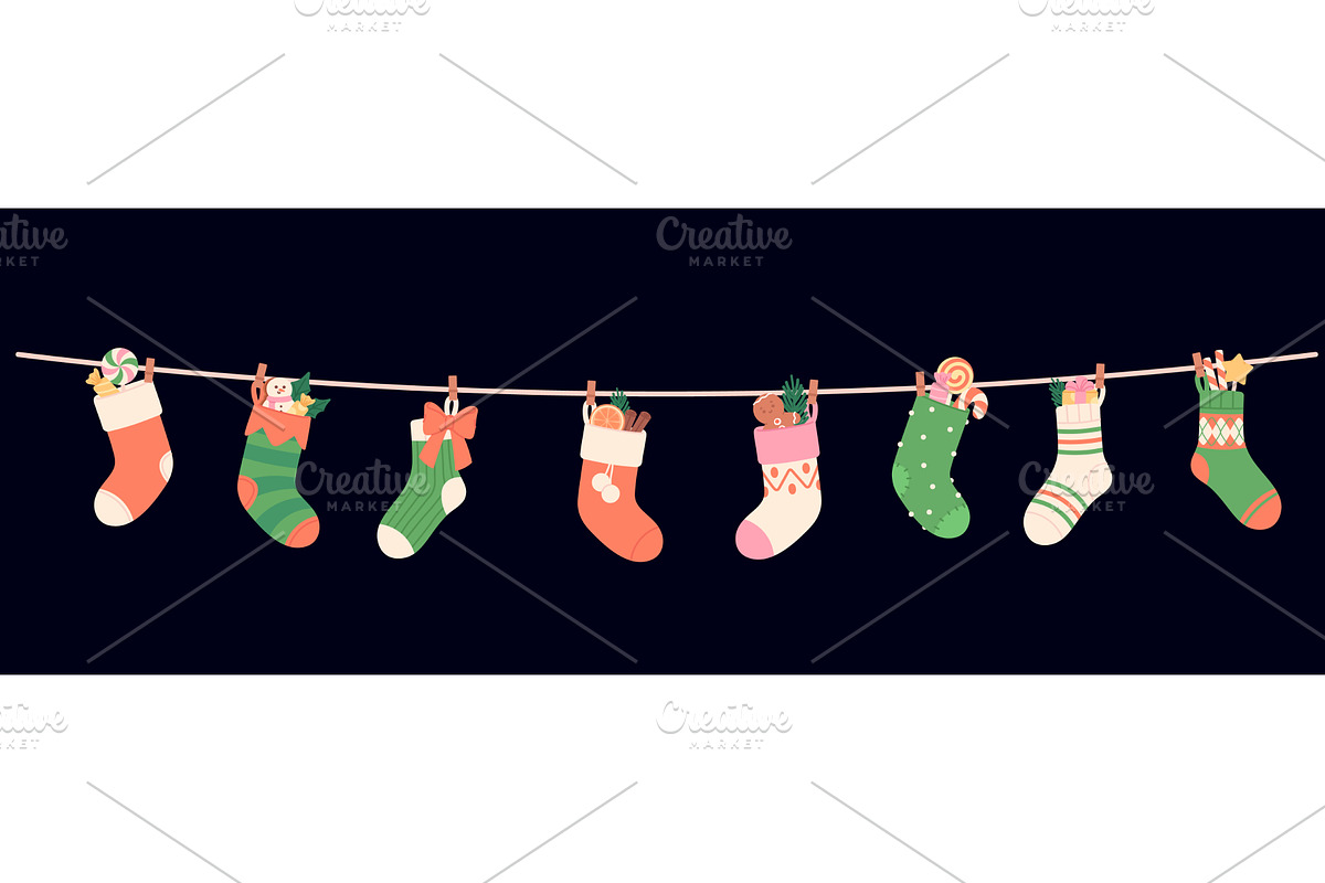 Christmas socks on rope. Fabric, an Illustration by LadadikArt