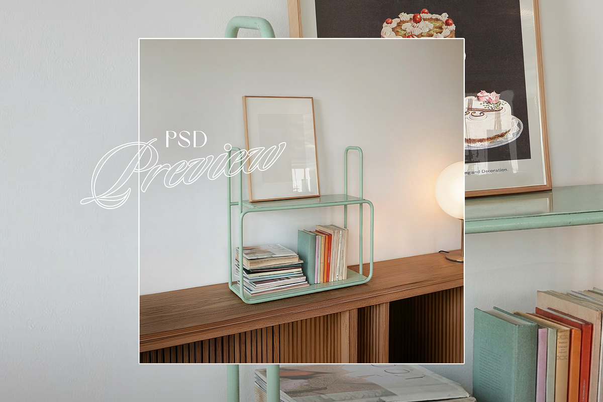 DIN A Frame on Retro Shelf Mockup, an Advertising Mockup by WasMockups (Photo 6 of 6)