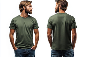 Young man modeling olive green t-shi, a Photo by Tanuart