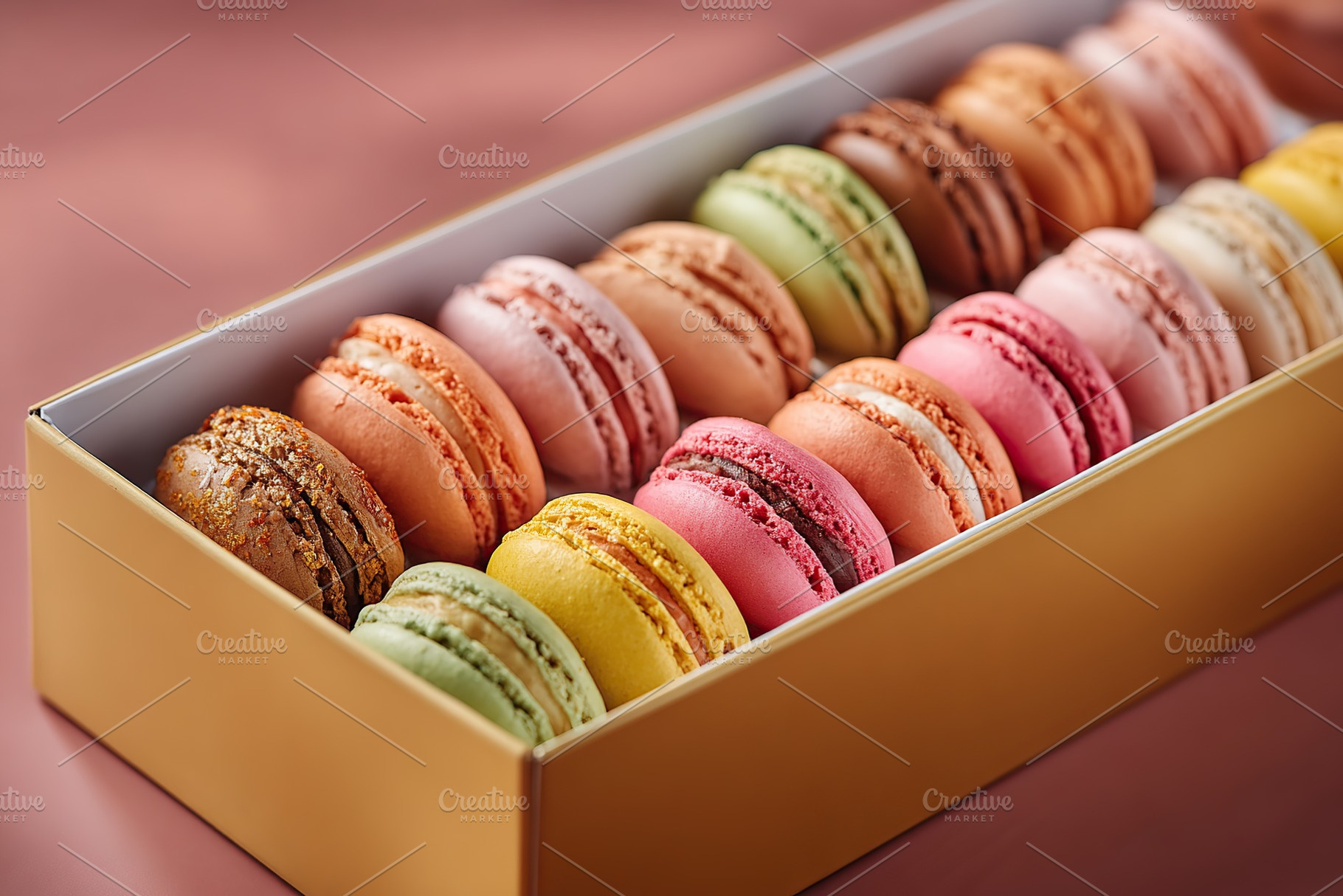 Assorted pastel macarons arranged beautifully in a golden box for a delightful, a Food & Drink Photo by AlyaAnd