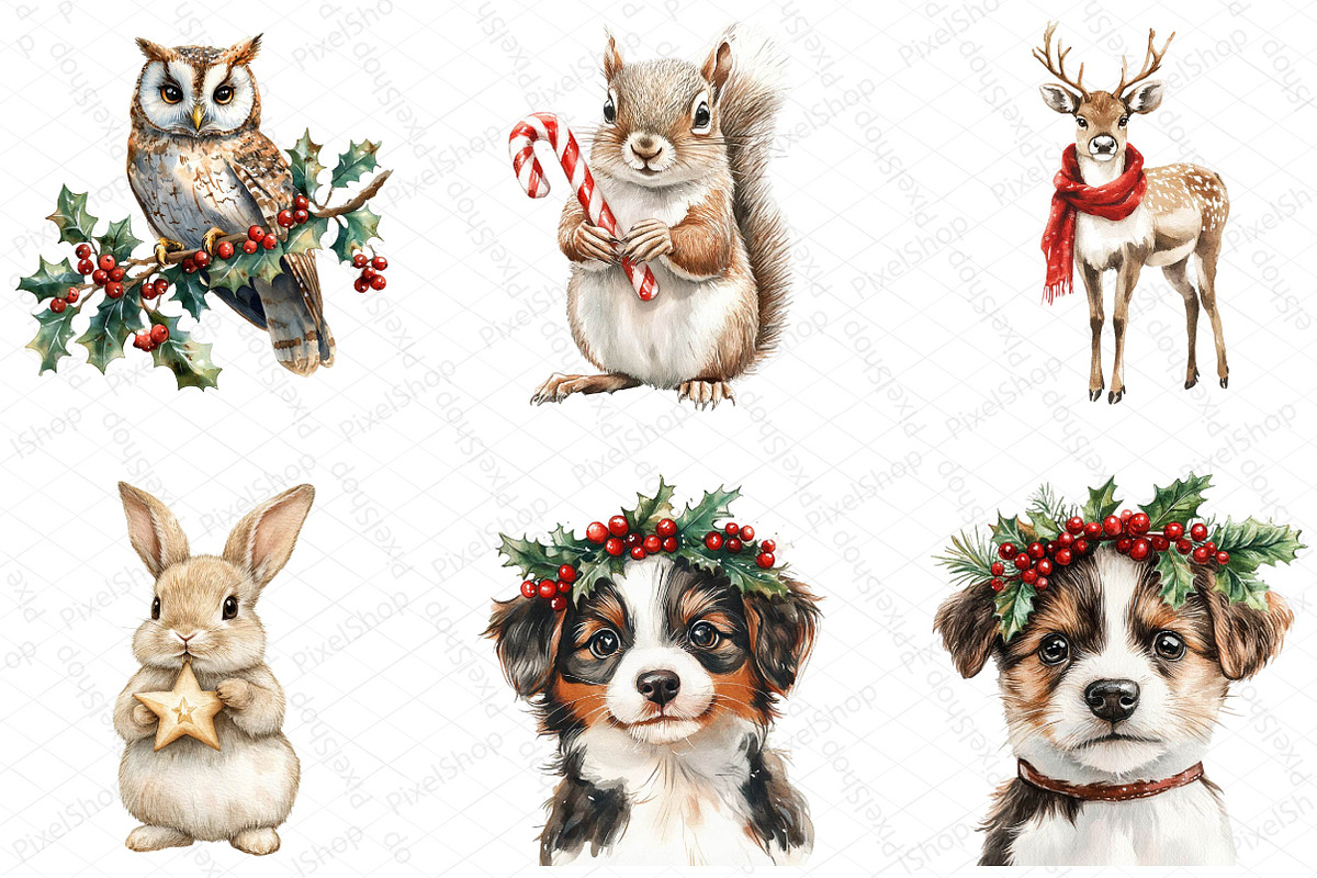 Christmas Animals Watercolor Clipart, an Illustration by DreamPrint404 (Photo 3 of 5)