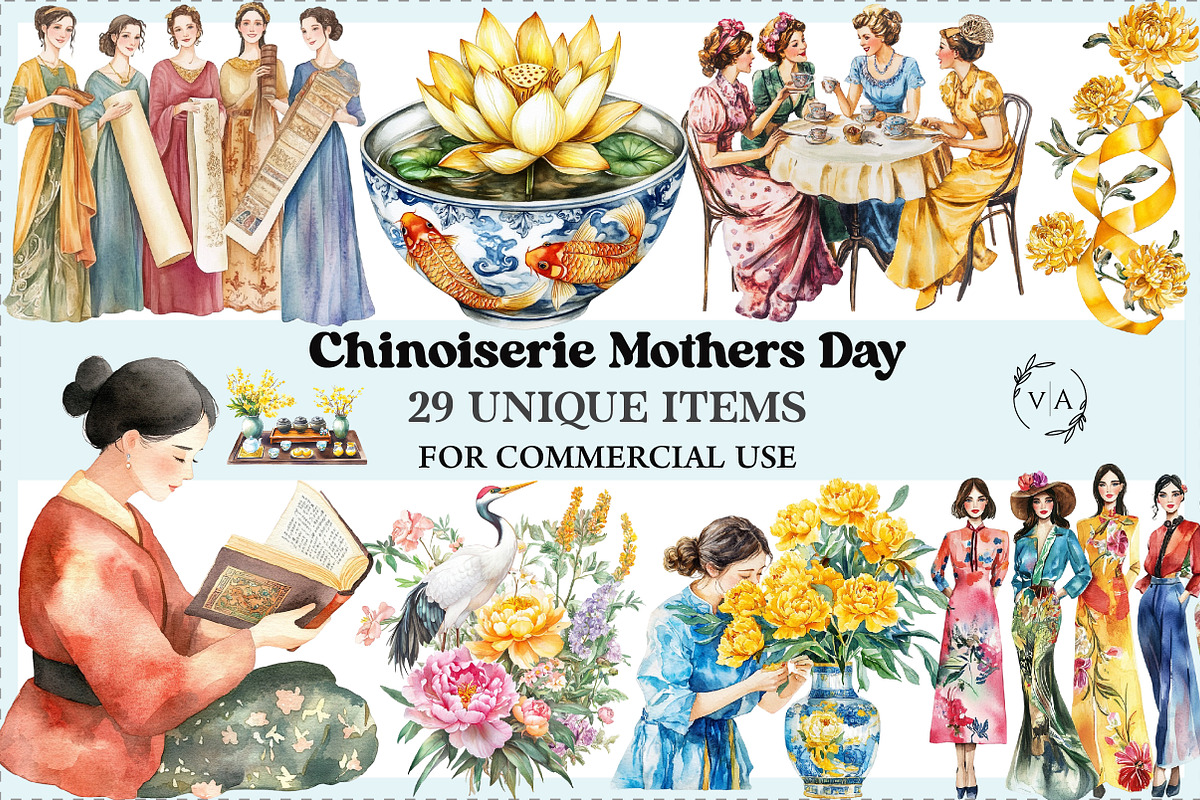 Yellow Chinoiserie Mothers Day PNG, an Illustration by Craft Nest (Photo 1 of 5)