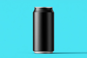 Blank black aluminum can on a blue, a Food & Drink Photo by MistyDay