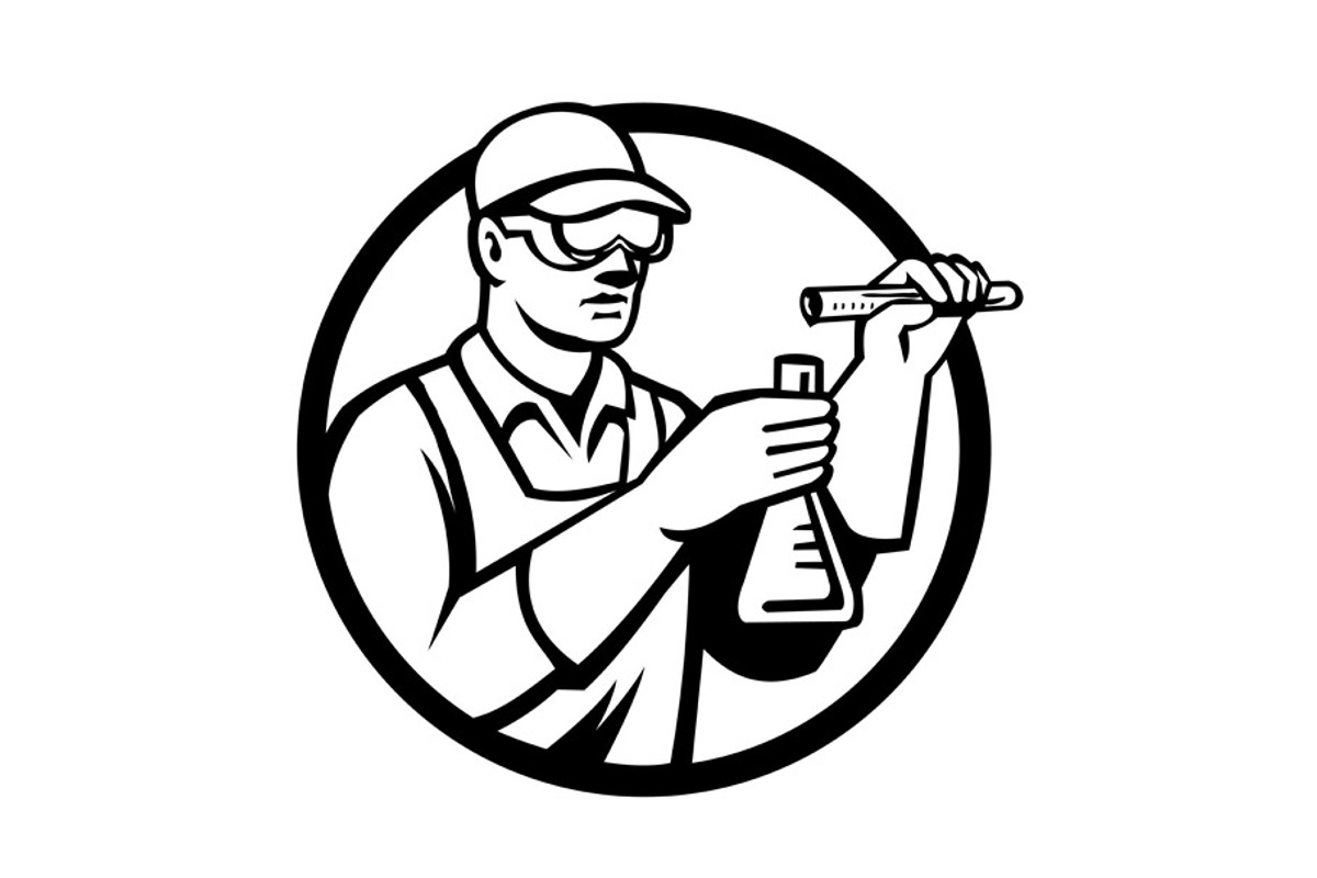 Chemist Pouring Vial Retro Logo, an Illustration by patrimonio