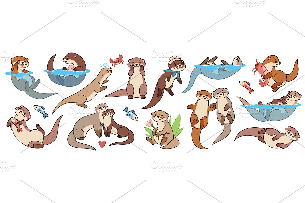 Funny cartoon otters. River, sea, an Animal Illustration by YummyBuum