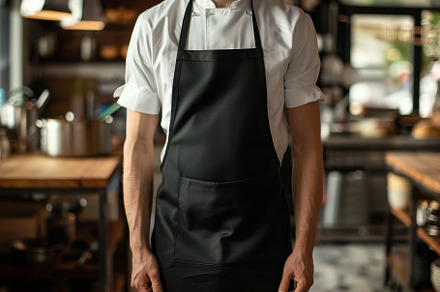 A chef in a black apron is poised in, a Photo by Tanuart