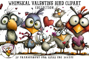 Whimsical Valentine Bird Clipart, an Illustration by OK Design