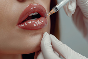 Closeup of young woman getting hyaluronic acid injection in lips, a Health & Medical Photo by AlyaAnd