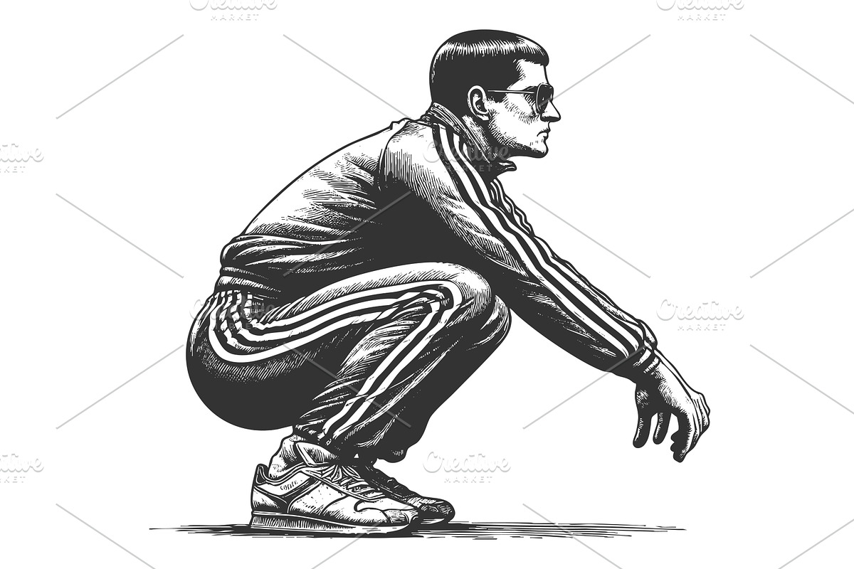 Squatting Man in Tracksuit engraving, a Person Illustration by AlexArt
