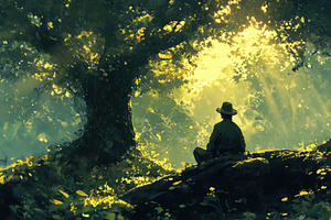 A serene scene depicting a person sitting under a large tree in a lush forest., a Person Photo by Textures & Backgrounds