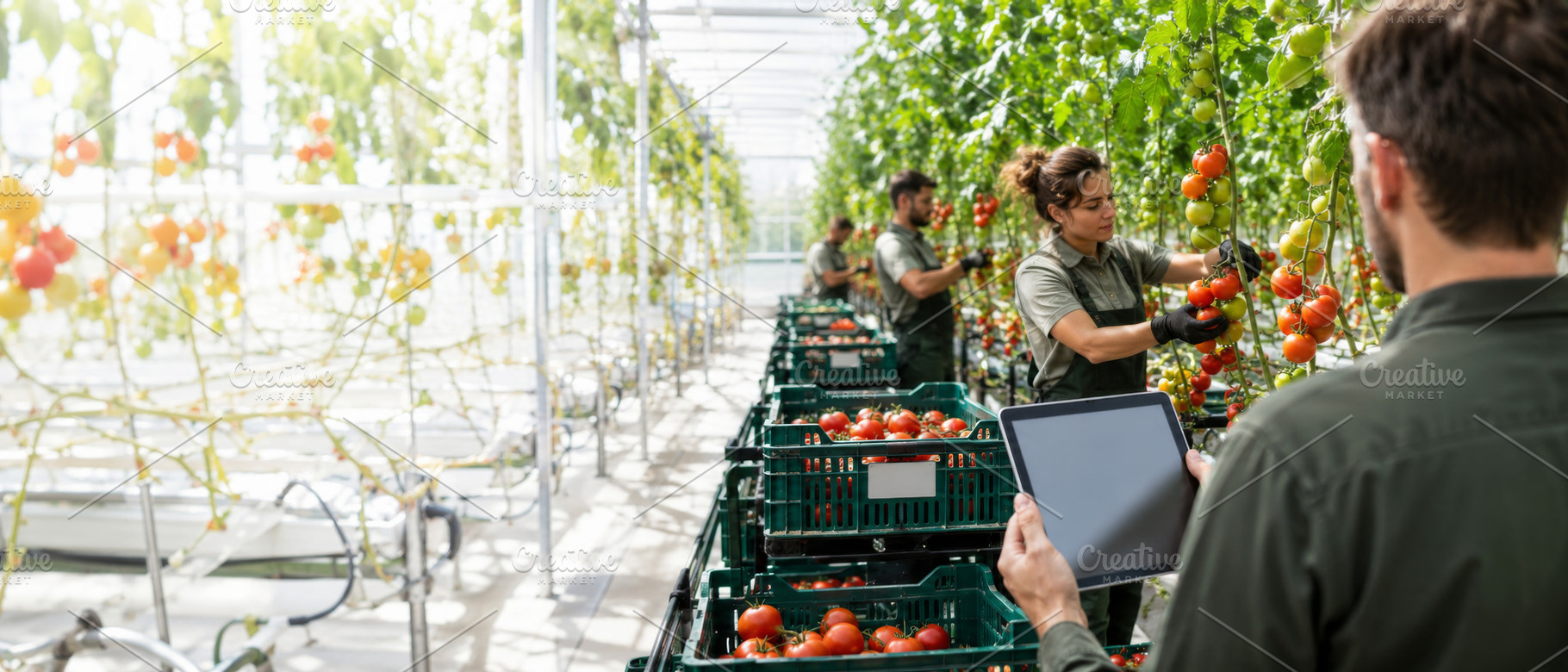 Greenhouse workers harvesting tomato, a Photo by Dvoevnore photos