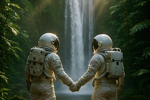 Astronauts together in forest near waterfall under glowing light, an Animal Photo by GoodGoods