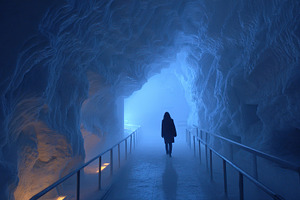 Woman walking through a blue ice cav, a Photo by Pixeness Studio