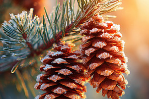 Snow-dusted pine cones on a branch, a Nature Photo by AlyaAnd
