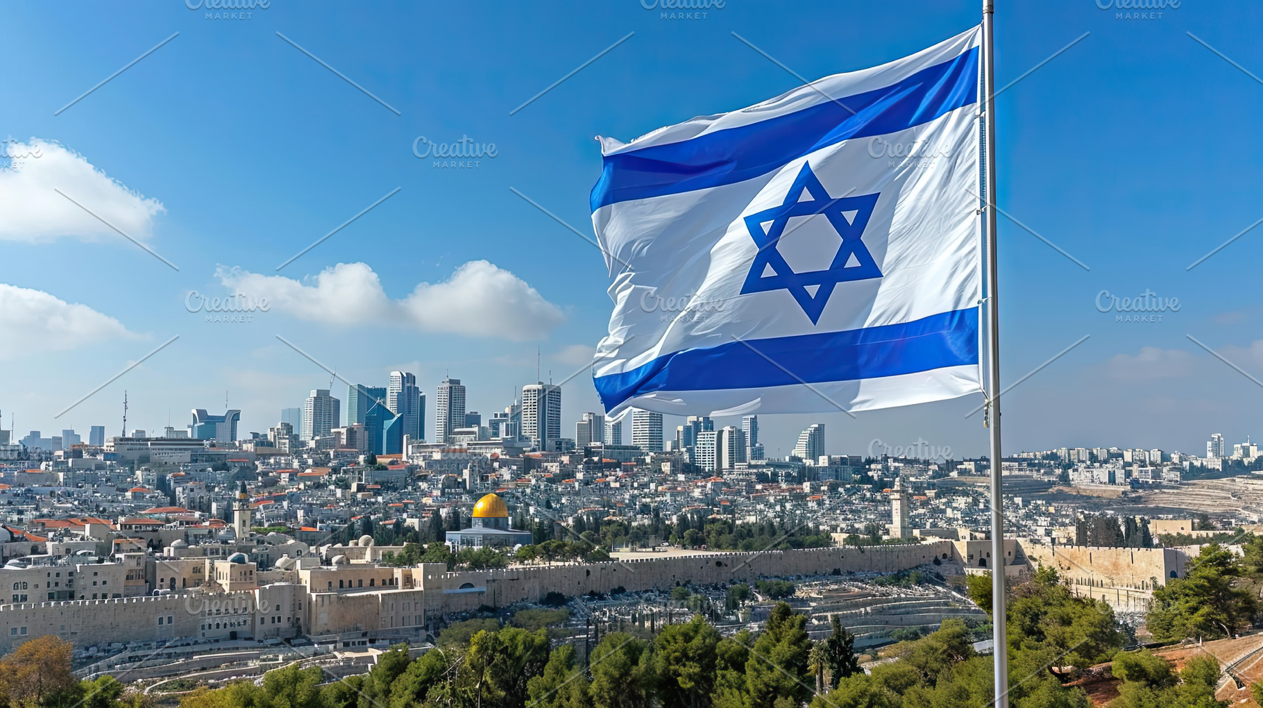 Israel flag waving in the wind over the city of Jerusalem, Israe, a Photo by AS photostudio