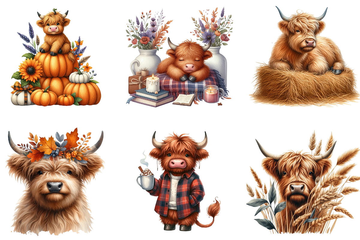 Watercolor Autumn Highland Cows, a Seasonal Illustration by DreamArtGraphic (Photo 3 of 4)