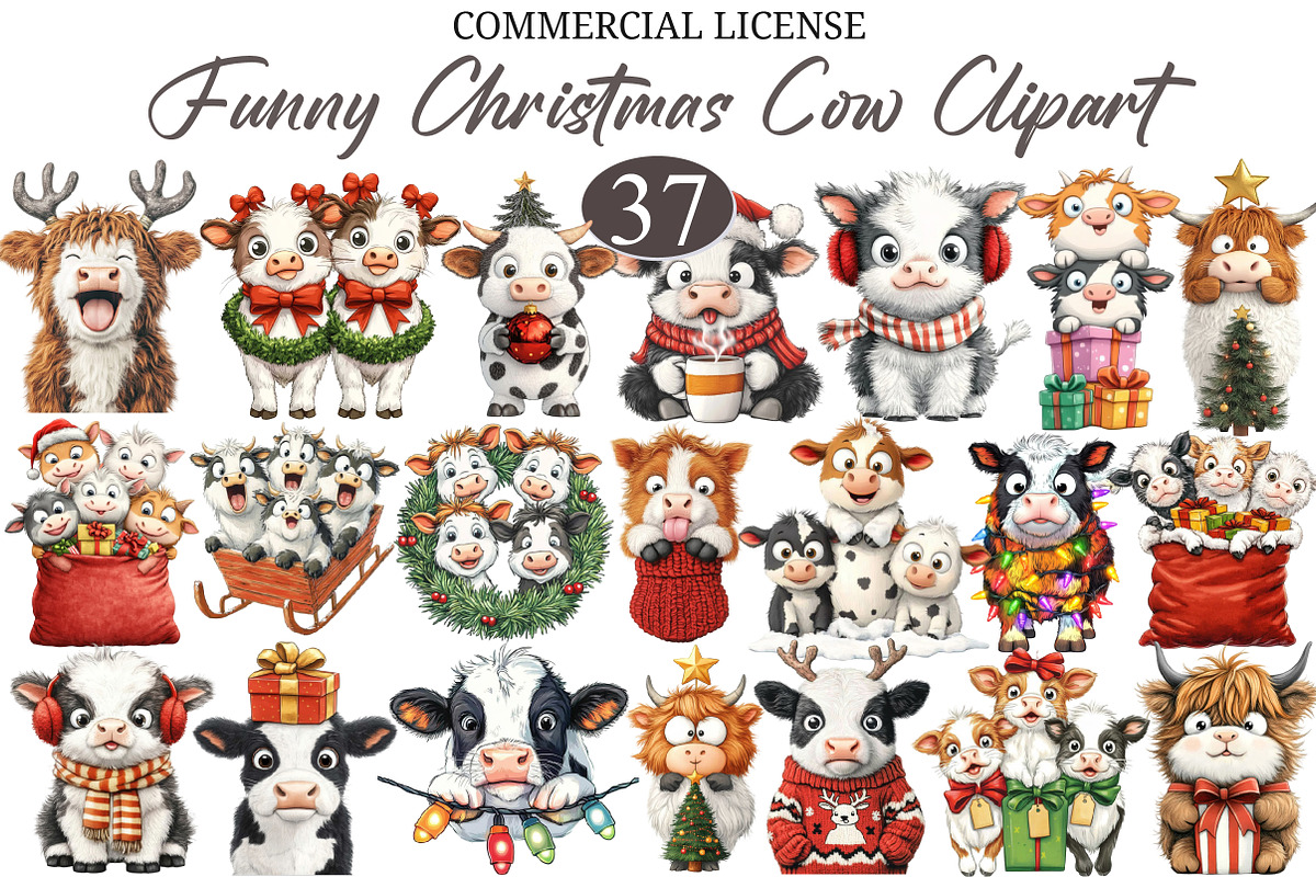Funny Christmas Cow Clipart PNG, a Seasonal Illustration by designcity5 (Photo 1 of 5)