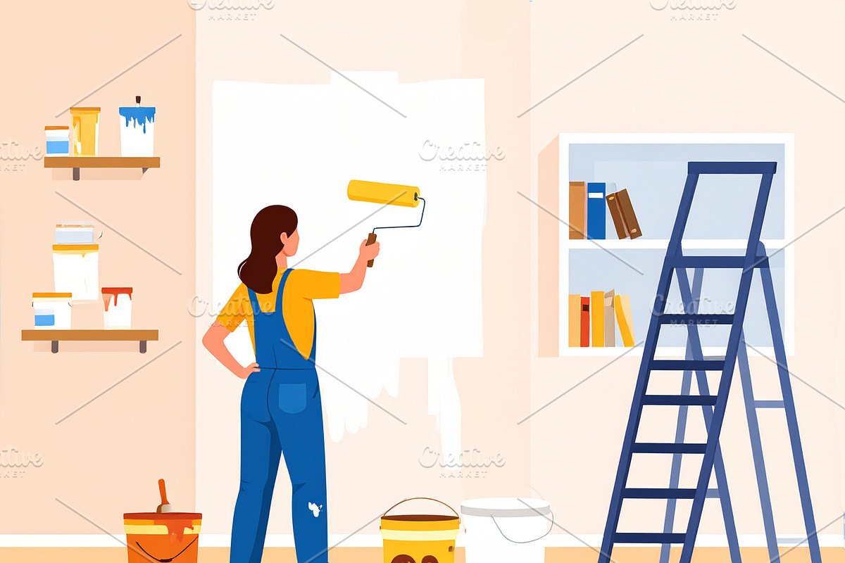 House painter working indoors, painting a wall with a roller, an Illustration by DanFLCreativo
