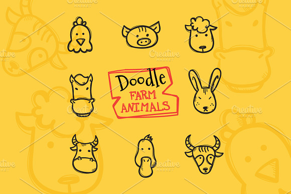 8 Doodle Icons. Farm Animals