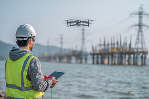 Engineer using drone technology near, a Photo by Pixeness Studio