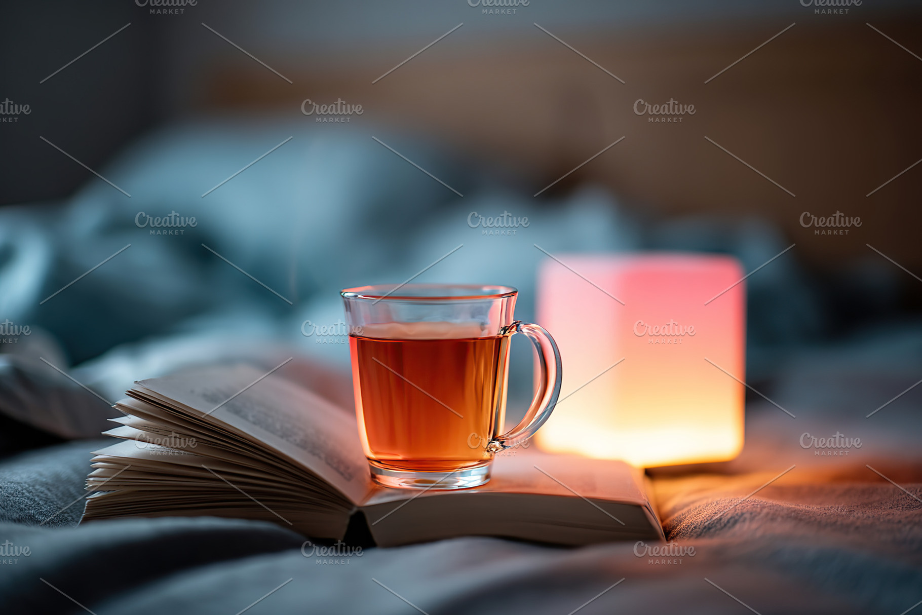 Ritual of relaxation with an illuminated book and a mug of tea on a cozy blanke, a Food & Drink Photo by AlyaAnd