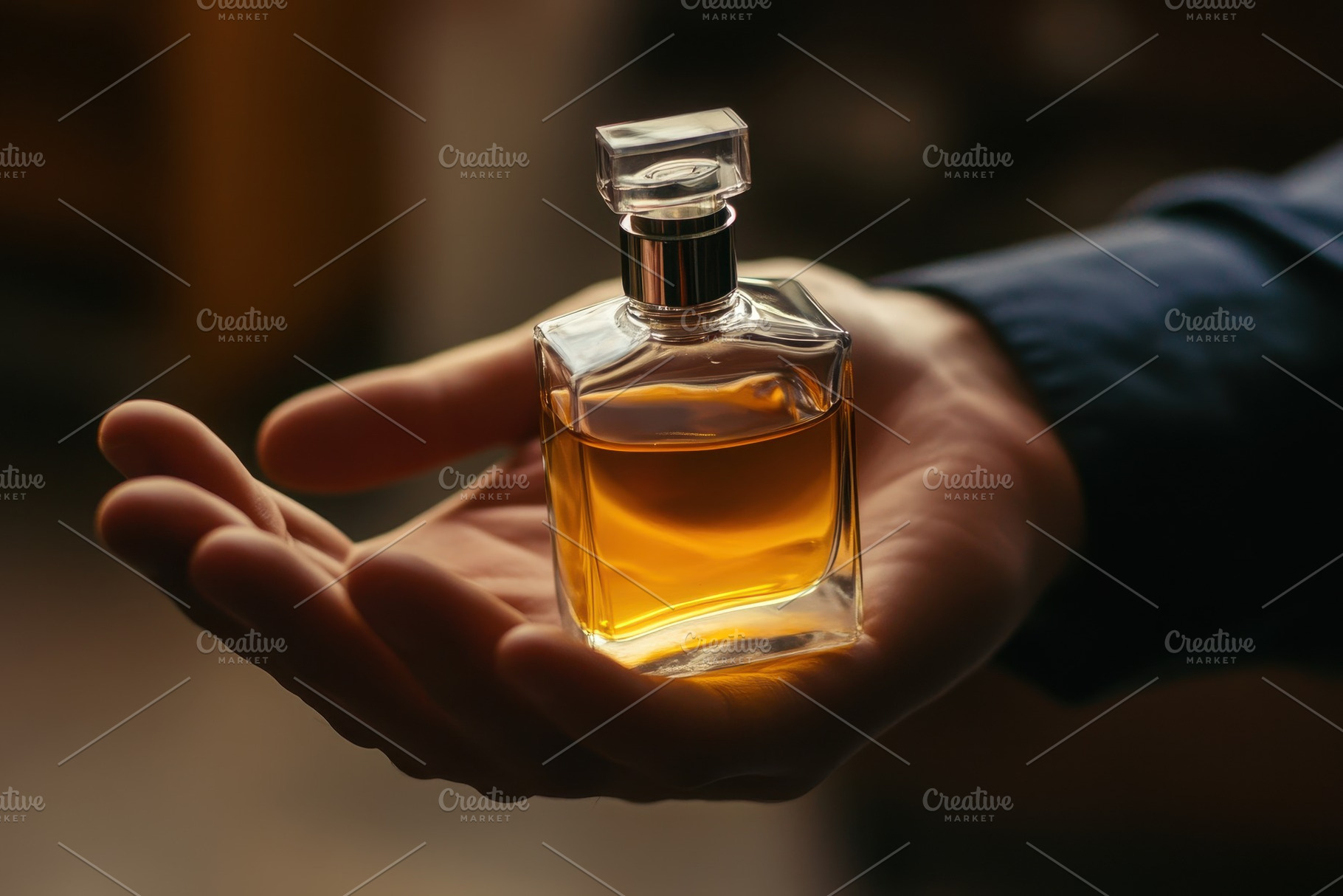 Bottle of cologne held by a man, a Photo by Pavel_design