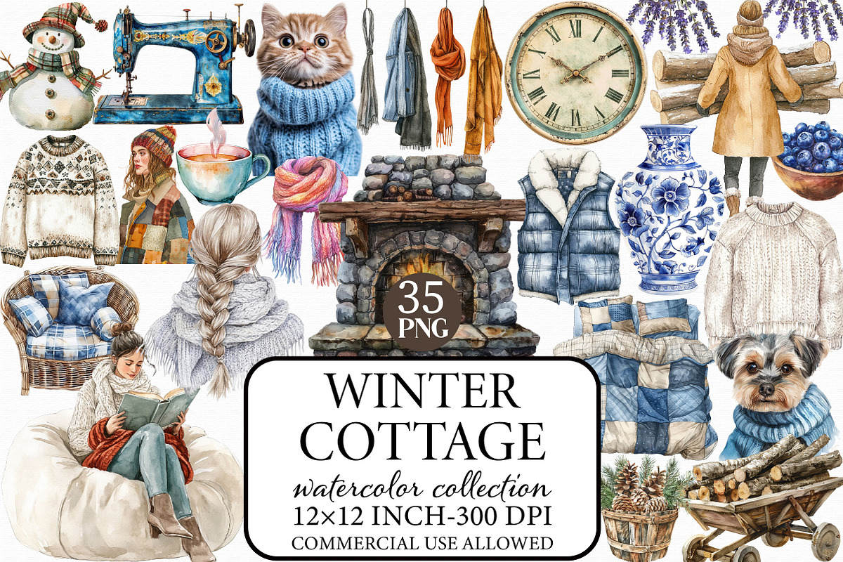 Watercolor Winter Cottage Clipart, an Illustration by Libby Wishes (Photo 1 of 8)