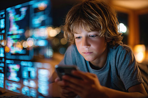 Young boy focused on smartphone while surrounded by computer screens at night, a Person Photo by AlyaAnd