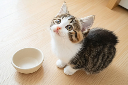 Kitten sitting near an empty bowl on