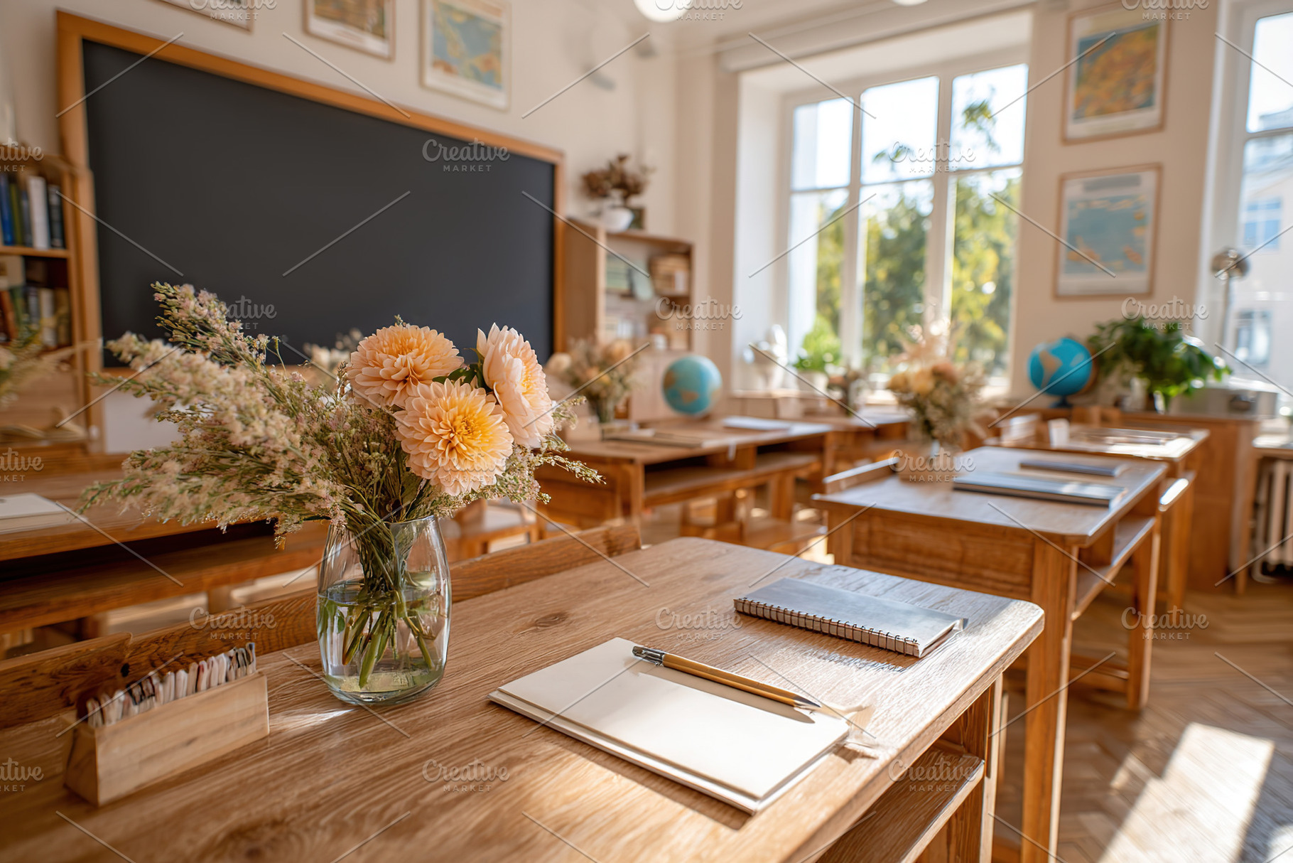 Brightly lit classroom with fresh flowers and organized desks in a welcoming en, a Photo by AlyaAnd