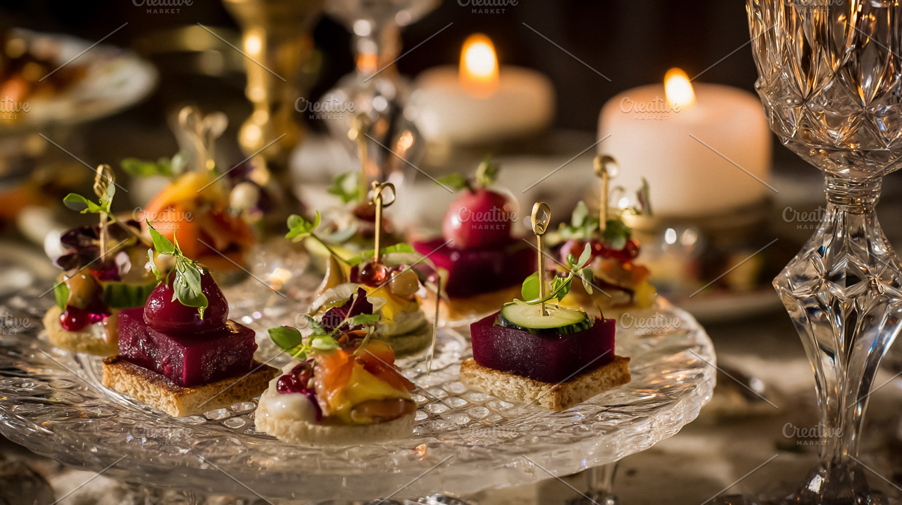 Gourmet appetizers and canapes served on elegant crystal dishes,, a Photo by Studio ANNA