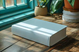 A clean, blank book rests on a rustic wooden table, illuminated by soft sunligh, a Business Photo by ImageMir