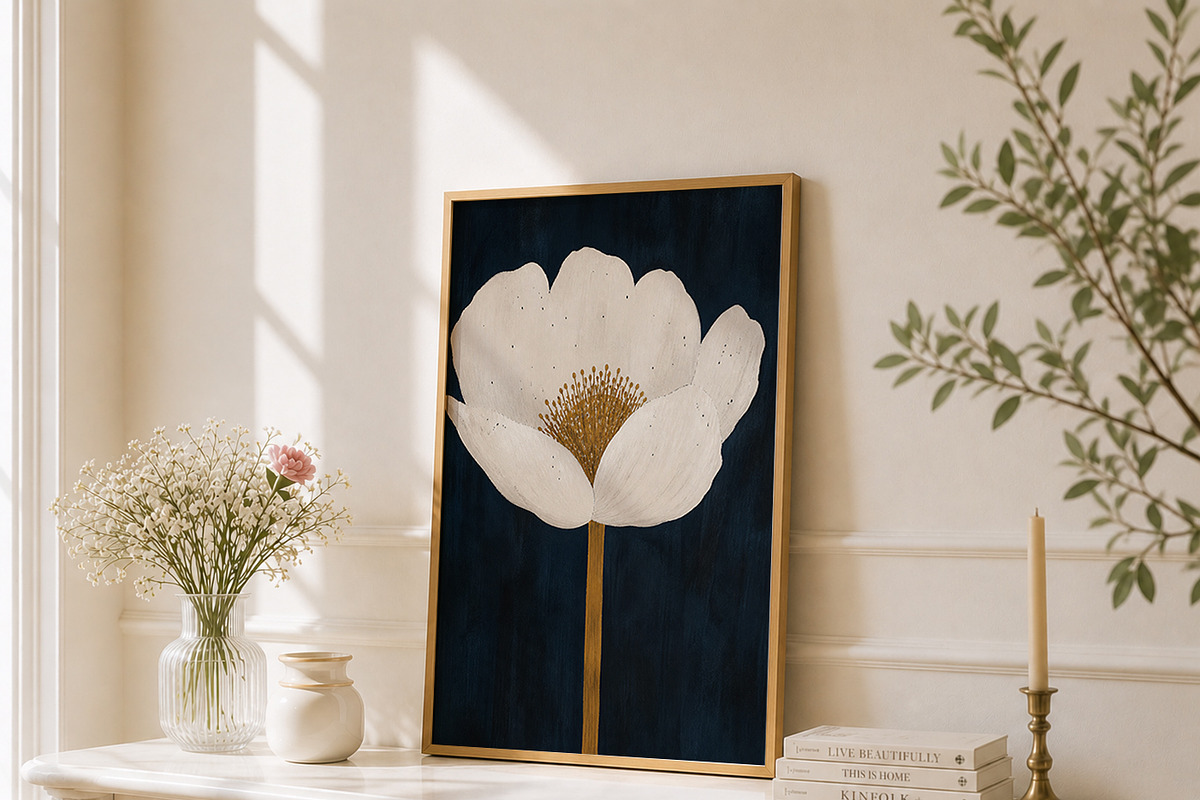 Navy Blue Floral Wall Art Print, a Decorative Illustration by elfy creative (Photo 1 of 8)