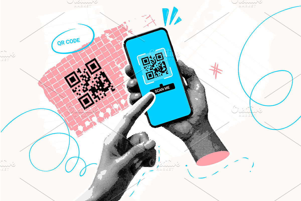 Qr code collage. Smartphone scan qr, a Technology Illustration by Stock-Smart-Start