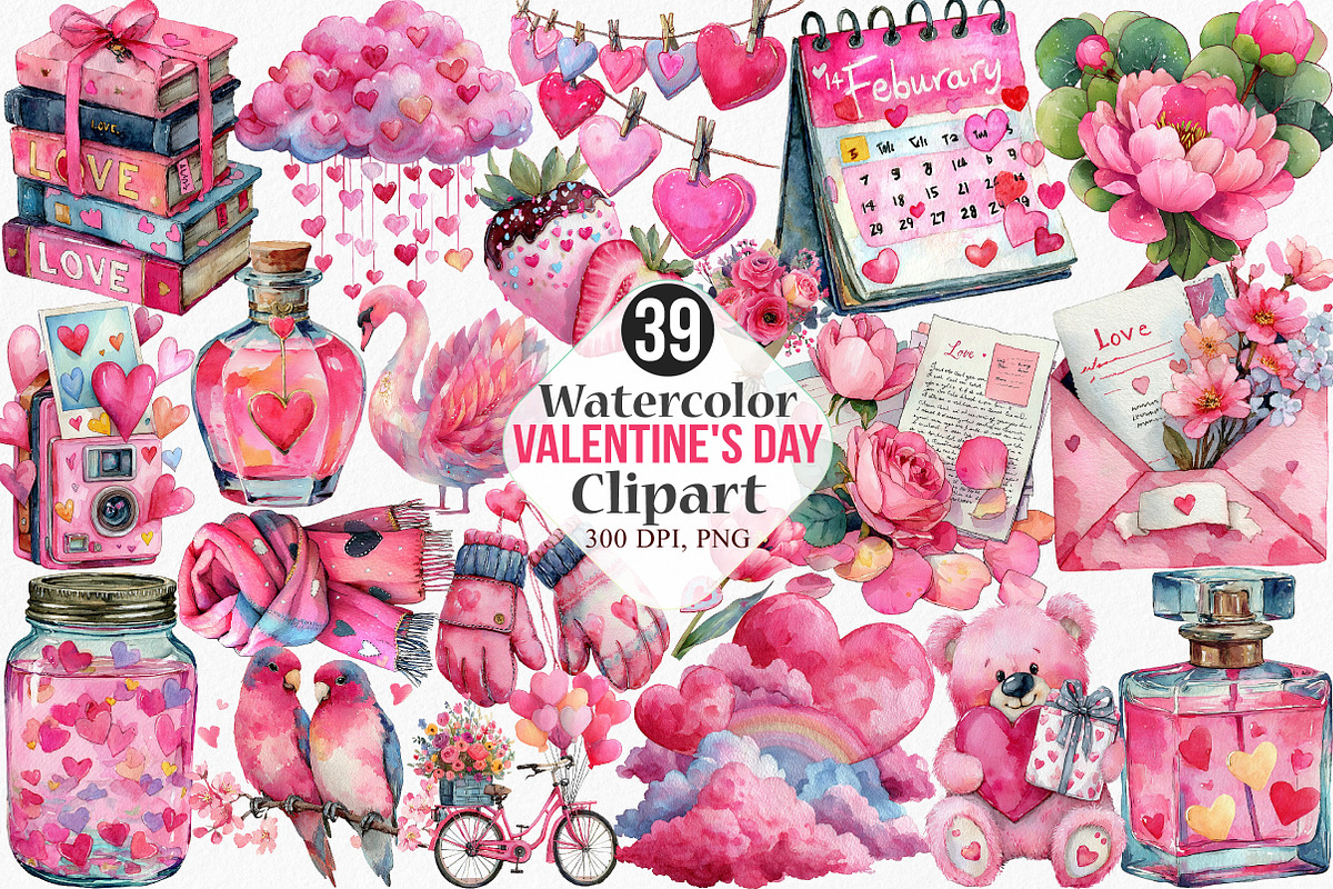 Watercolor Valentine's Day Clipart, an Illustration by Canvas Craft (Photo 1 of 6)