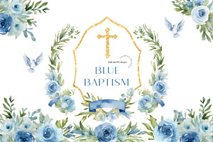 Boy Girl Blue Flowers Cross Baptism