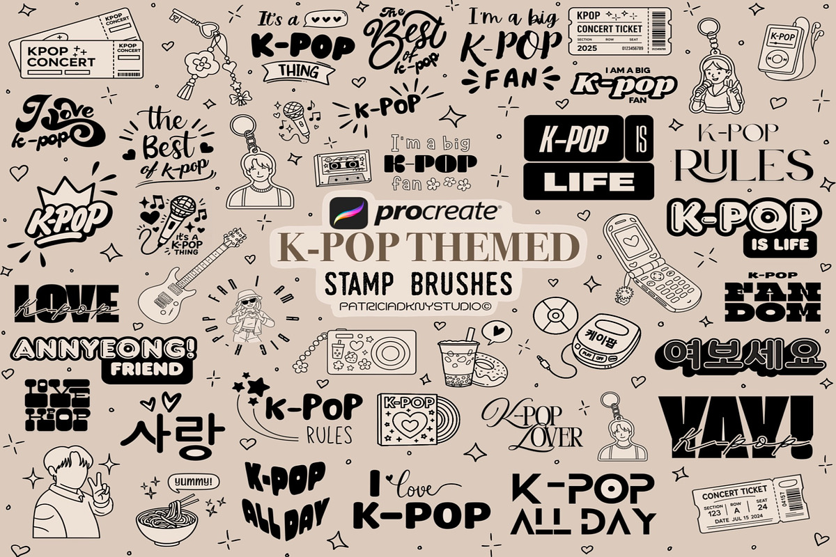 Procreate K-pop stamp brushes, a Brush Add-On by PDknyStudio (Photo 1 of 3)