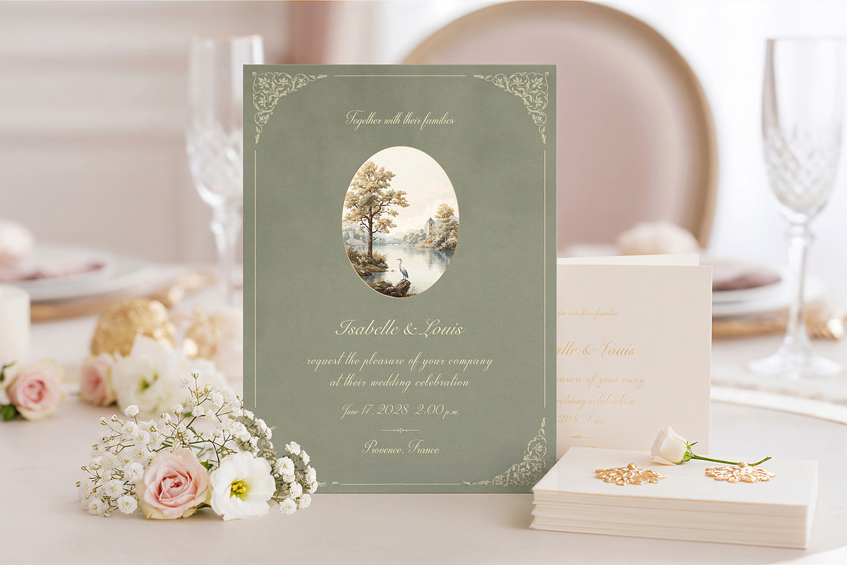 Dusty Sage Green Heron Invitation, an Invitation Template by by creative paper (Photo 2 of 3)